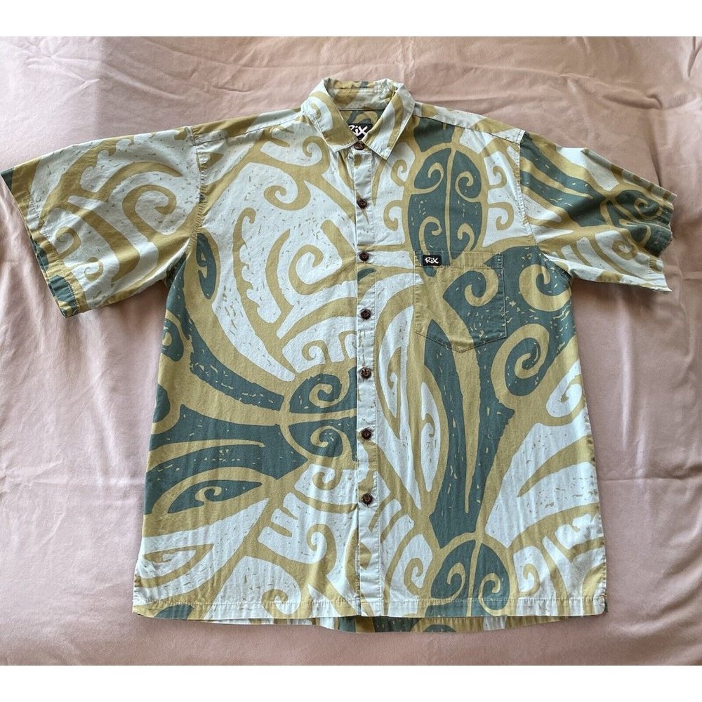 Rix Hawaiian Aloha Shirt Men's X-Large WAIAU Pattern Blue Green Teal Tribal